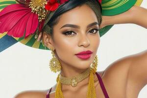 portrait de une à la mode magnifique femme dans traditionnel vêtements portant une chapeau photo