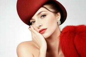 portrait de une à la mode magnifique femme dans traditionnel vêtements portant une chapeau photo