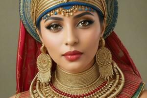 portrait de une à la mode magnifique femme dans traditionnel vêtements portant une chapeau photo