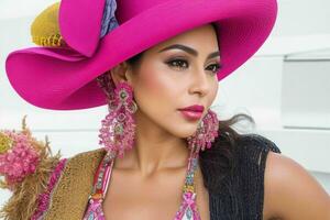 portrait de une à la mode magnifique femme dans traditionnel vêtements portant une chapeau photo