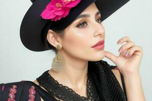 portrait de une à la mode magnifique femme dans traditionnel vêtements portant une chapeau photo