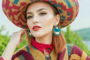 portrait de une à la mode magnifique femme dans traditionnel vêtements portant une chapeau photo