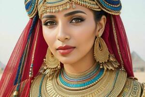 portrait de une à la mode magnifique femme dans traditionnel vêtements portant une chapeau photo