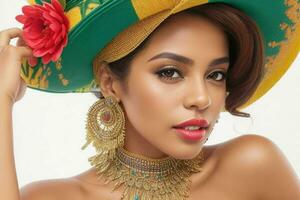 portrait de une à la mode magnifique femme dans traditionnel vêtements portant une chapeau photo