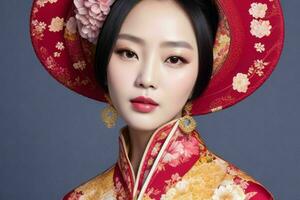 portrait de une à la mode magnifique femme dans traditionnel vêtements portant une chapeau photo