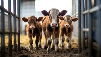 génératif ai, peu mollets à la recherche à le caméra sur une cultiver, bébé vaches photo