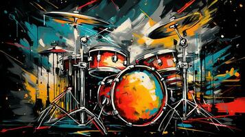 génératif ai, le jazz la musique rue art avec tambours musical instrument silhouette. encre coloré graffiti art sur une texturé mur, Toile Contexte photo