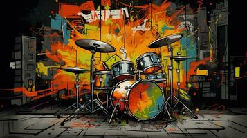 génératif ai, le jazz la musique rue art avec tambours musical instrument silhouette. encre coloré graffiti art sur une texturé mur, Toile Contexte photo