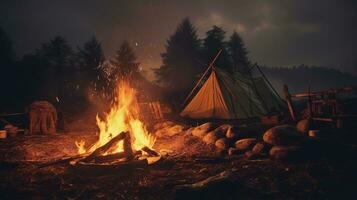 génératif ai, brûlant feu dans le soir, camping Extérieur concept dans neutre en sourdine couleurs, touristique camp photo