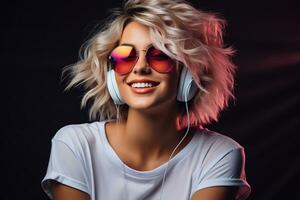 néon portrait de souriant femme dans écouteurs, des lunettes de soleil, blanc T-shirt. écoute à musique. ai généré photo