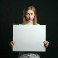 ai généré triste fille en portant une Vide blanc planche dans foncé Contexte photo