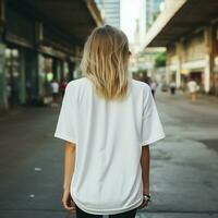 ai généré fille modèle portant Vide blanc surdimensionné t - chemise. la rue. retour voir. moderne style photo