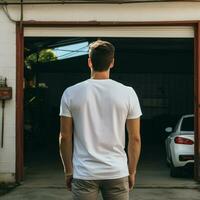 ai génératif une homme portant une plaine blanc t - chemise sur le garage orienté vers en arrière, parfait à créer T-shirt maquette photo