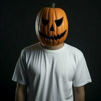 ai généré homme portant Vide blanc t - chemise, portant gros Halloween citrouille masque photo