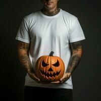 ai génératif photo de une homme en portant Halloween citrouille dans main, portant une plaine blanc T-shirt