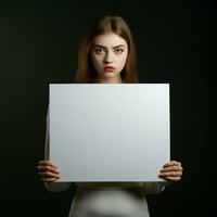 ai généré triste fille en portant une Vide blanc planche photo