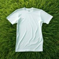 ai génératif haute qualité de Vide blanc T-shirt sur le vert herbe, parfait pour maquette Aperçu photo