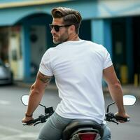 ai génératif photo de une homme sur le bicyclette portant une plaine blanc T-shirt orienté vers en arrière