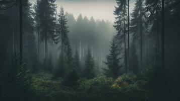 mystérieux forêt avec une chemin et une mystérieux arbre dans une foncé brumeux l'automne forêt établi avec ai photo