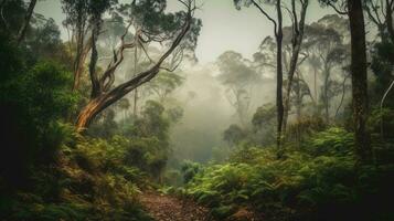 brumeux Matin dans le australien forêt établi avec ai photo