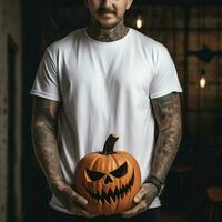 ai génératif photo de une homme en portant Halloween citrouille dans main, portant une plaine blanc T-shirt