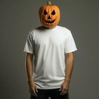 ai généré homme portant Vide blanc t - chemise, portant gros Halloween citrouille masque photo