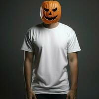 ai généré homme portant Vide blanc t - chemise, portant gros Halloween citrouille masque photo