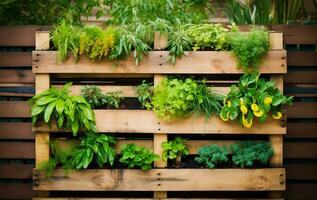 une verticale jardin établi de recyclé palettes. ai généré photo