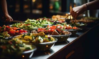 groupe de gens restauration buffet nourriture à l'intérieur dans une restaurant. ai généré photo