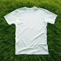 ai génératif haute qualité de Vide blanc T-shirt sur le vert herbe, parfait pour maquette Aperçu photo