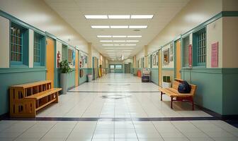expansif couloir dans une école bâtiment. ai généré photo