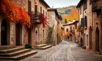 pittoresque rue enroulement ses façon par une petit. ai généré photo