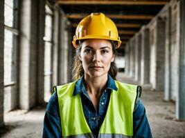 photo de femme comme une construction ouvrier avec casque, génératif ai
