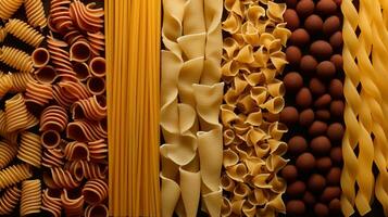 génératif ai, variété de les types, couleurs et formes de italien Pâtes, texture Contexte photo