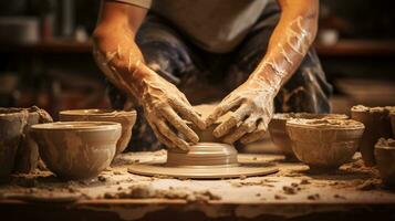 génératif ai, mains avec argile fabrication de une céramique pot dans le poterie studio, loisir et loisir concept photo