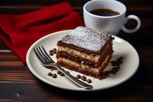 Chocolat gâteau pièces sur une blanc assiette avec une tasse de café photo