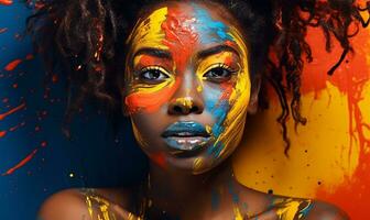 La peinture de une jolie Jeune africain américain femme avec noir peindre et coloré peindre sur sa affronter. ai généré photo