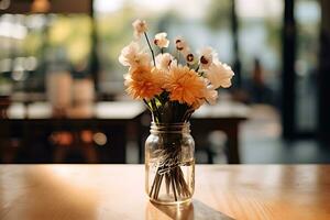 fermer coup de une café en bois table avec une pot de décoratif fleurs photo