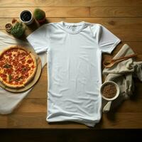 ai généré Vide blanc T-shirt mensonge dans une en train de dormir position sur une cuisine tableau, avec nombreuses Pizza photo