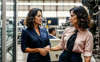 photo de travail entrepreneur femme à usine avec machine et ouvrier, génératif ai