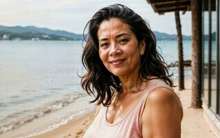 photo de milieu vieilli vieux femme à maison près mer plage, génératif ai