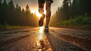 retour vue de athlète coureur pieds fonctionnement sur le route, pluvieux saison. ai génératif. photo