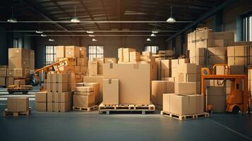 papier carton boîte paquet sur entrepôt, industrie livraison transport service, génératif ai. photo
