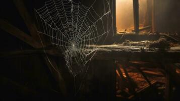 vieux araignée la toile sur coin de abandonné maison et fantôme citrouille, Halloween concept, par ai génératif. photo