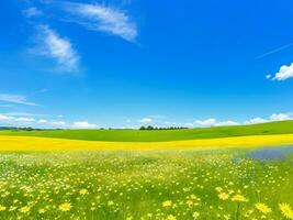 Naturel coloré panoramique paysage avec beaucoup sauvage fleurs de marguerites contre bleu ciel. ai généré photo