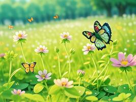 sauvage fleurs de trèfle et papillon dans une Prairie dans la nature dans le des rayons de lumière du soleil dans été dans le printemps fermer de une macro. une pittoresque coloré artistique image avec une doux se concentrer. ai généré photo