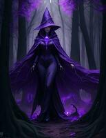 une mystérieux sorcière masqué dans violet le chaos énergie, permanent dans une foncé forêt de Dénudé des arbres, embrasé avec une puissant énergie. réaliste, étourdissant réaliste photographier, ai généré photo