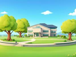 moderne école bâtiment avec magnifique la nature paysage, retour à éducation concept dessin animé illustration, ai généré photo