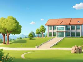 moderne école bâtiment avec magnifique la nature paysage, retour à éducation concept dessin animé illustration, ai généré photo