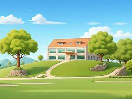 moderne école bâtiment avec magnifique la nature paysage, retour à éducation concept dessin animé illustration, ai généré photo